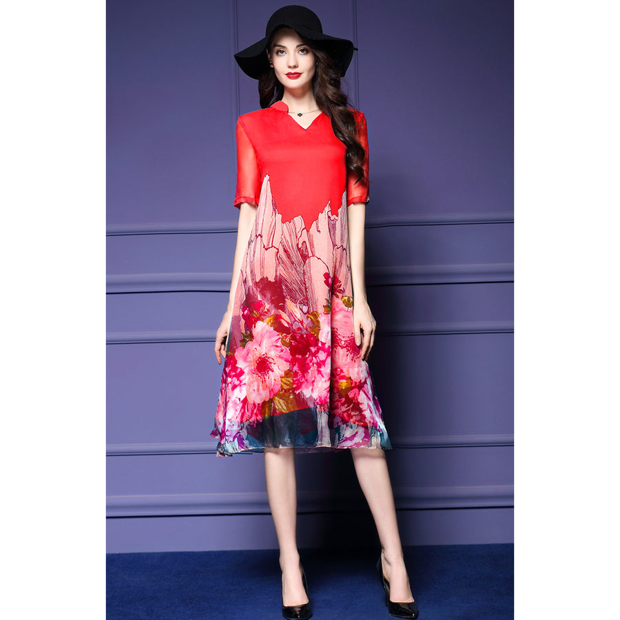 V Neck Shift Daytime Vintage Floral Midi Dress Image 1