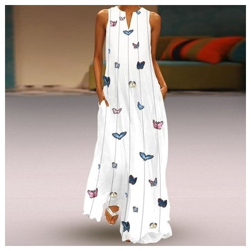 White Maxi Dresses Round Neck Summer Shift Holiday Printed Dresses Image 1