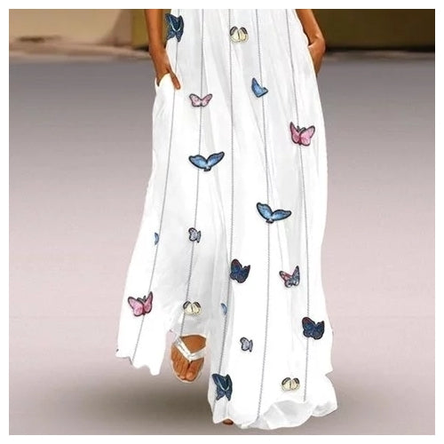 White Maxi Dresses Round Neck Summer Shift Holiday Printed Dresses Image 3