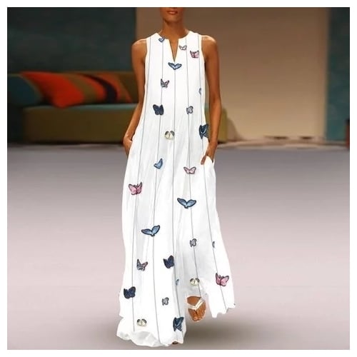 White Maxi Dresses Round Neck Summer Shift Holiday Printed Dresses Image 4