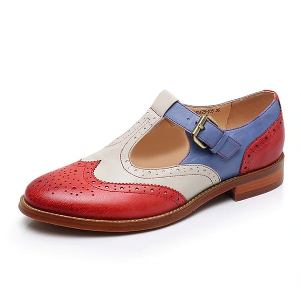 COLOR BLOCK LACE-UP HOLLOW WING TIPS POINT TOE LEATHER FASHION LOAFERS Image 1