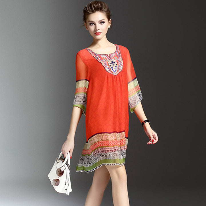 Red A-line Daily Boho 3/4 Sleeve Embroidered Tribal Midi Dress Image 1