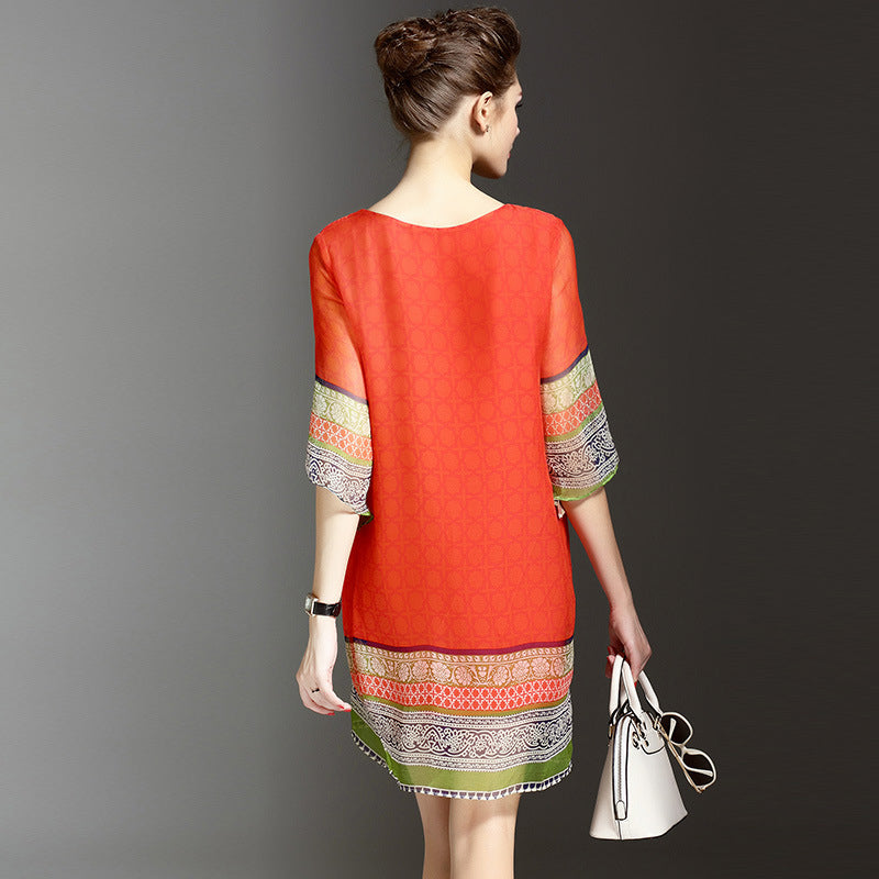 Red A-line Daily Boho 3/4 Sleeve Embroidered Tribal Midi Dress Image 2