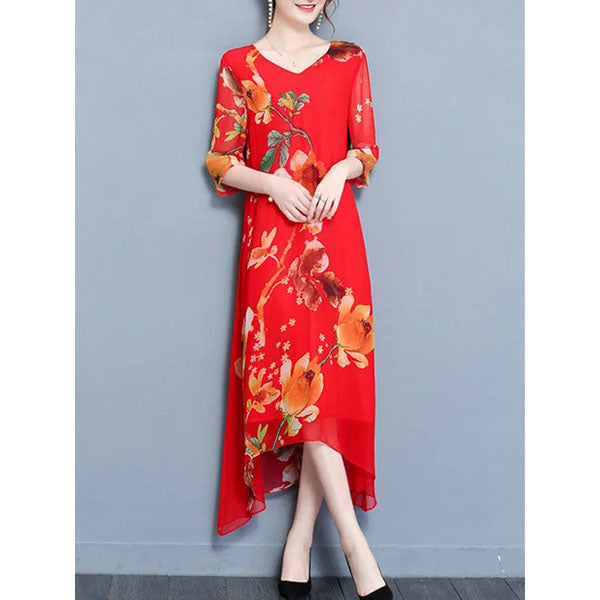 V neck Asymmetrical Daily Vintage Half Sleeve Maxi Dress Image 1