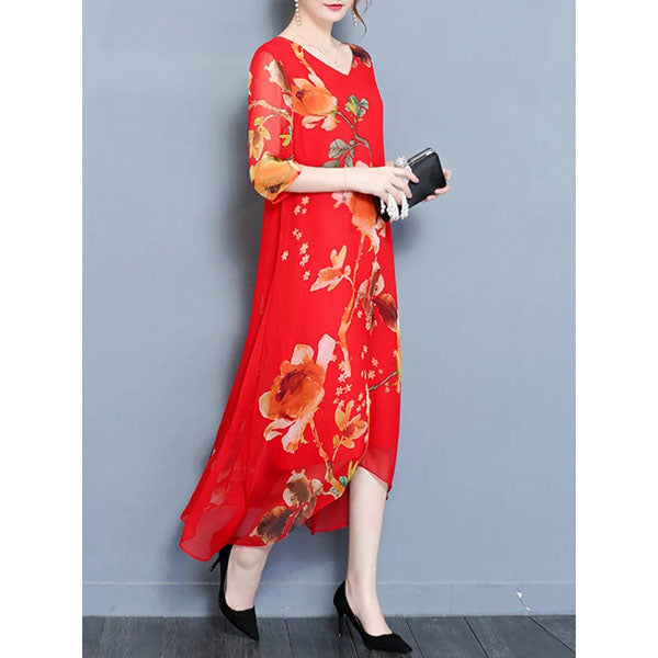 V neck Asymmetrical Daily Vintage Half Sleeve Maxi Dress Image 2