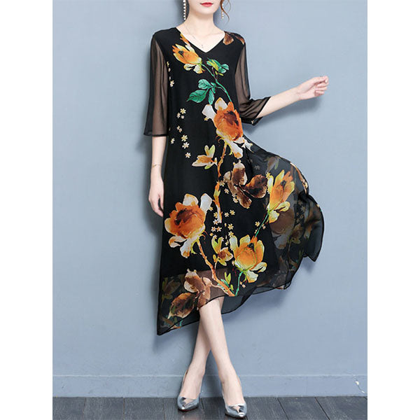 V neck Asymmetrical Daily Vintage Half Sleeve Maxi Dress Image 6