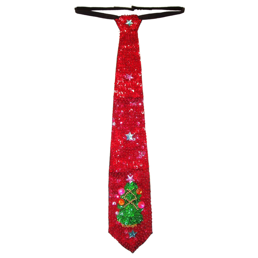 Sequin Neck Tie Red Christmas Tree XMAS Santa Holidays Image 1