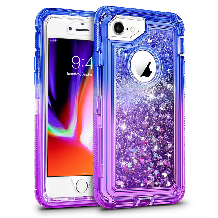 For Apple iPhone 8 / iPhone 7 / iPhone 6/6S Tough Defender Sparkling Liquid Glitter Heart Case Cover Blue Image 1
