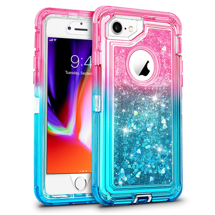 For Apple iPhone 8 / iPhone 7 / iPhone 6/6S Tough Defender Sparkling Liquid Glitter Heart Case Cover Blue Image 2