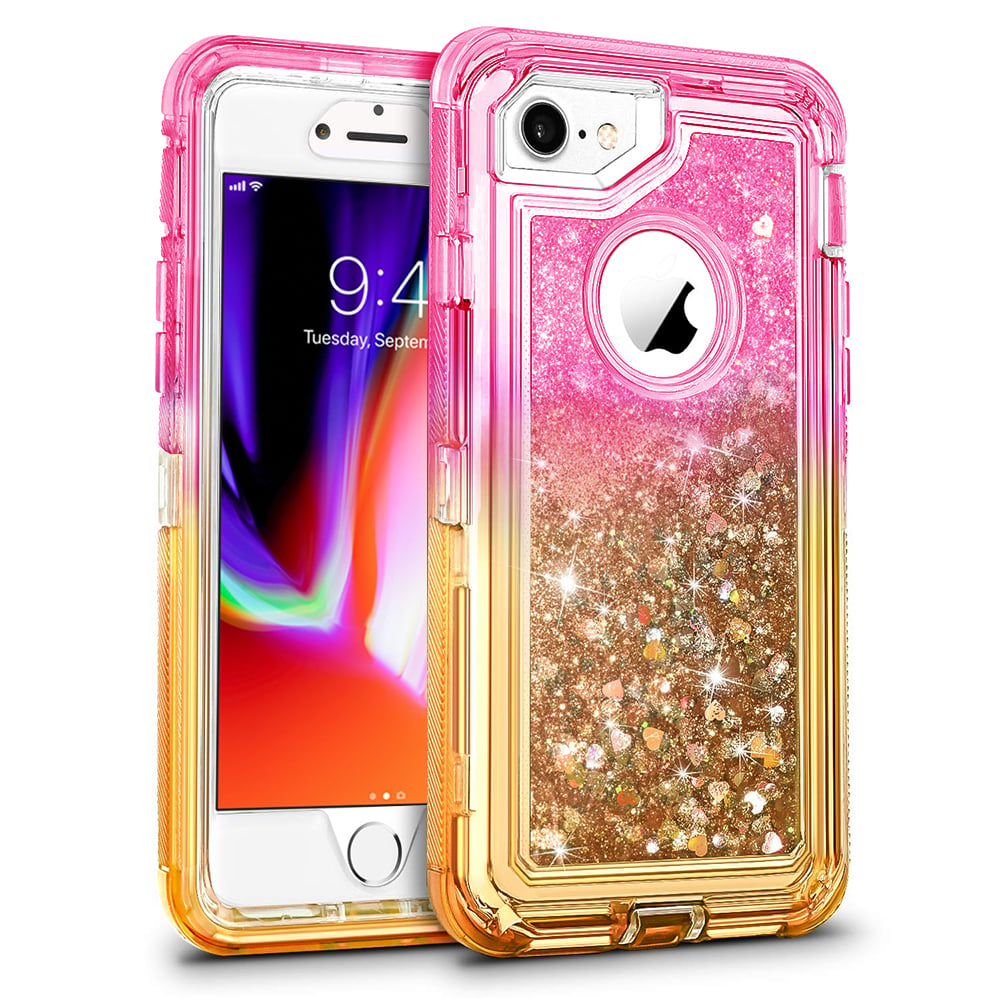 For Apple iPhone 8 / iPhone 7 / iPhone 6/6S Tough Defender Sparkling Liquid Glitter Heart Case Cover Blue Image 1