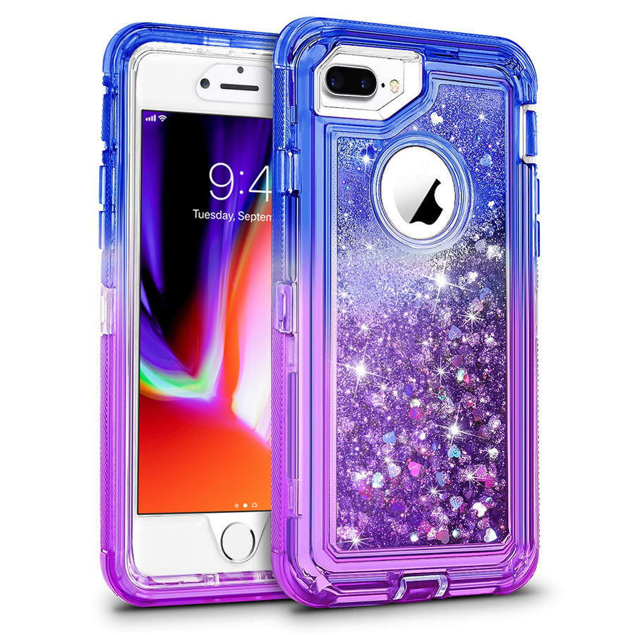 For Apple iPhone 8 Plus / iPhone 7 Plus / iPhone 6/6S Plus Tough Defender Sparkling Liquid Glitter Heart Case Cover Blue Image 1