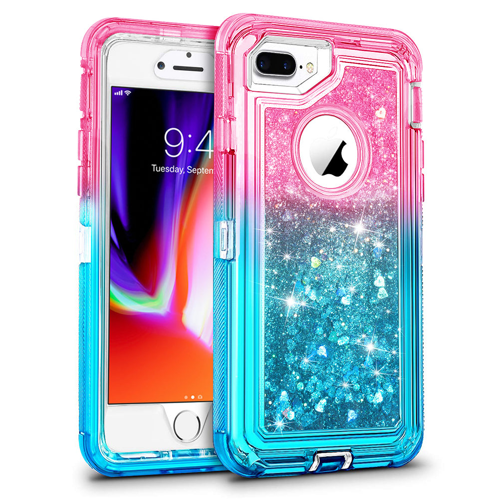 For Apple iPhone 8 Plus / iPhone 7 Plus / iPhone 6/6S Plus Tough Defender Sparkling Liquid Glitter Heart Case Cover Blue Image 2