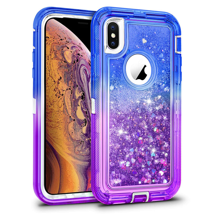 For Apple iPhone XS / iPhone X Tough Defender Sparkling Liquid Glitter Heart Case Cover Blue Image 1