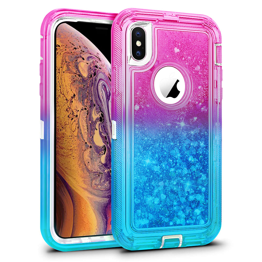 For Apple iPhone XS / iPhone X Tough Defender Sparkling Liquid Glitter Heart Case Cover Blue Image 2