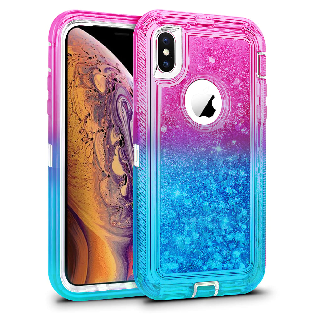 For Apple iPhone XS / iPhone X Tough Defender Sparkling Liquid Glitter Heart Case Cover Blue Image 1