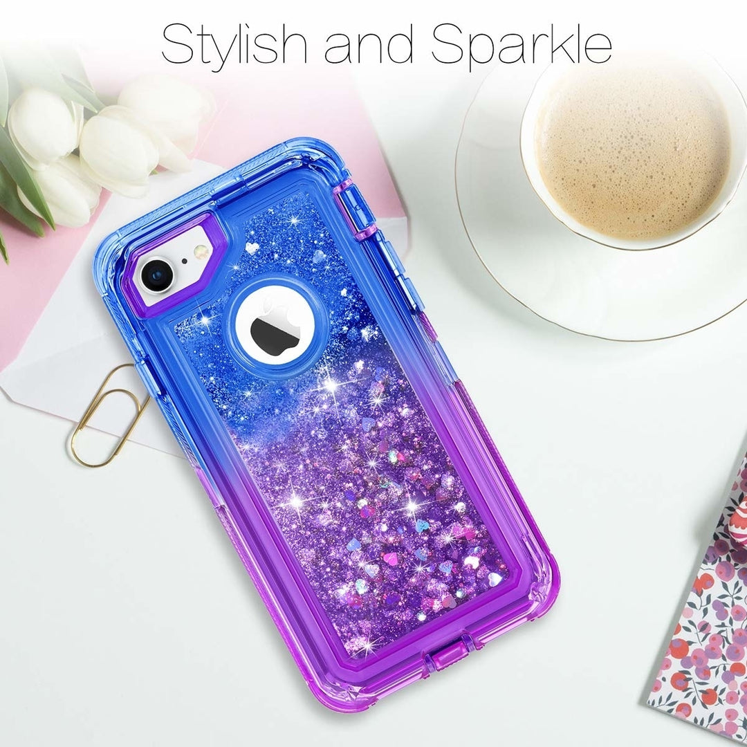 For Apple iPhone 8 / iPhone 7 / iPhone 6/6S Tough Defender Sparkling Liquid Glitter Heart Case Cover Blue Image 4