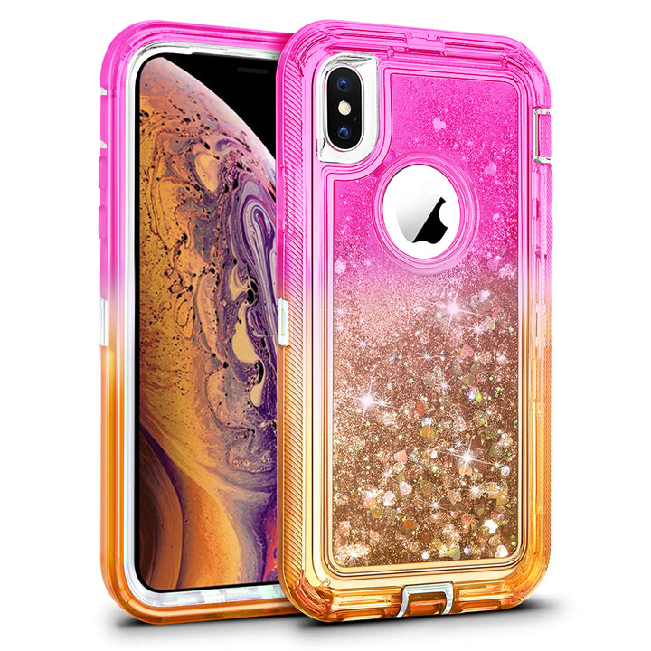 For Apple iPhone XS / iPhone X Tough Defender Sparkling Liquid Glitter Heart Case Cover Blue Image 3