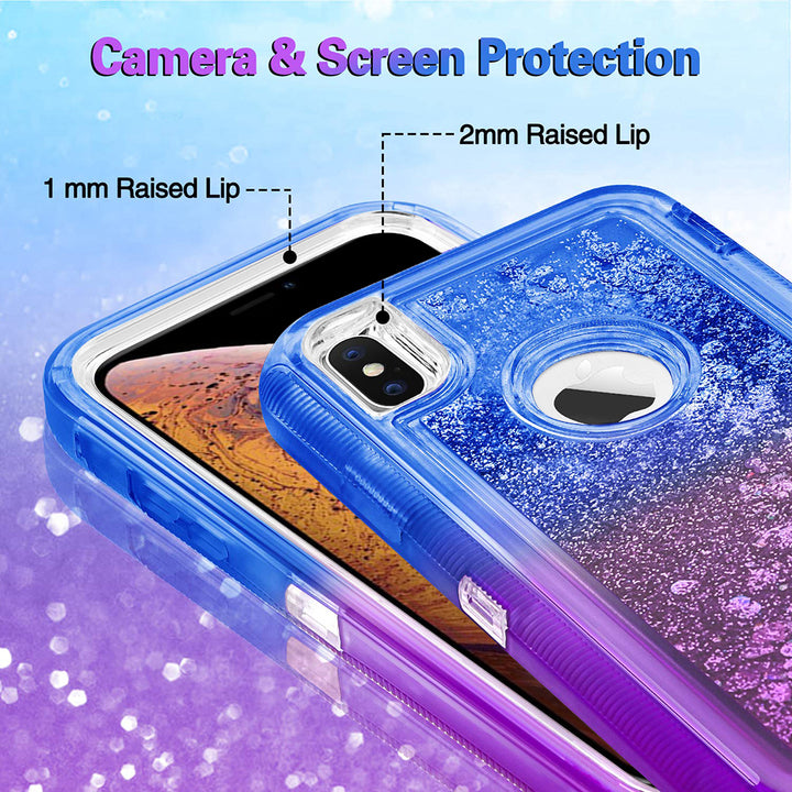 For Apple iPhone XS / iPhone X Tough Defender Sparkling Liquid Glitter Heart Case Cover Blue Image 4