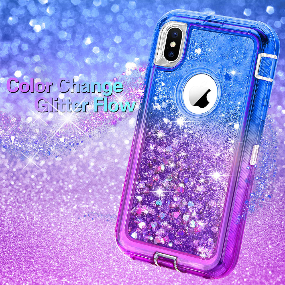 For Apple iPhone XS / iPhone X Tough Defender Sparkling Liquid Glitter Heart Case Cover Blue Image 4