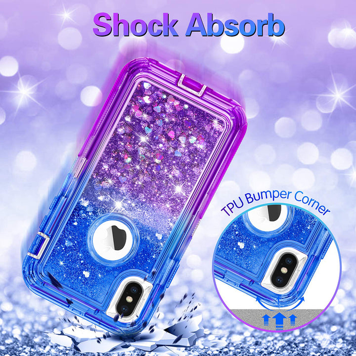 For Apple iPhone XS / iPhone X Tough Defender Sparkling Liquid Glitter Heart Case Cover Blue Image 7