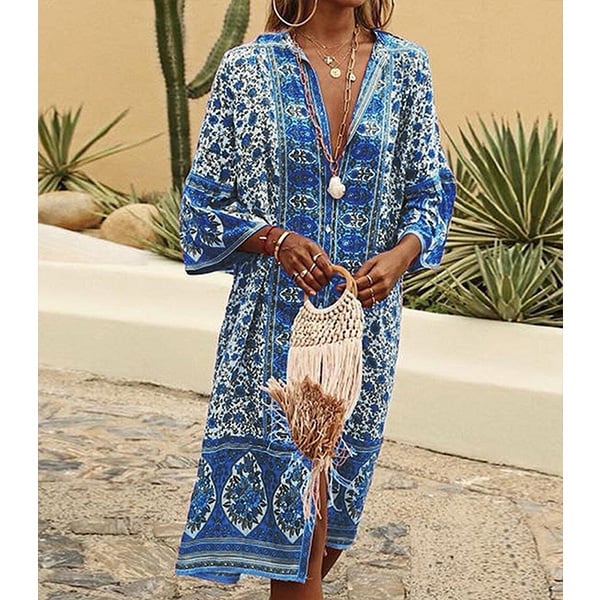 Bohemian Split Neck Shift Dress S-2X Image 1