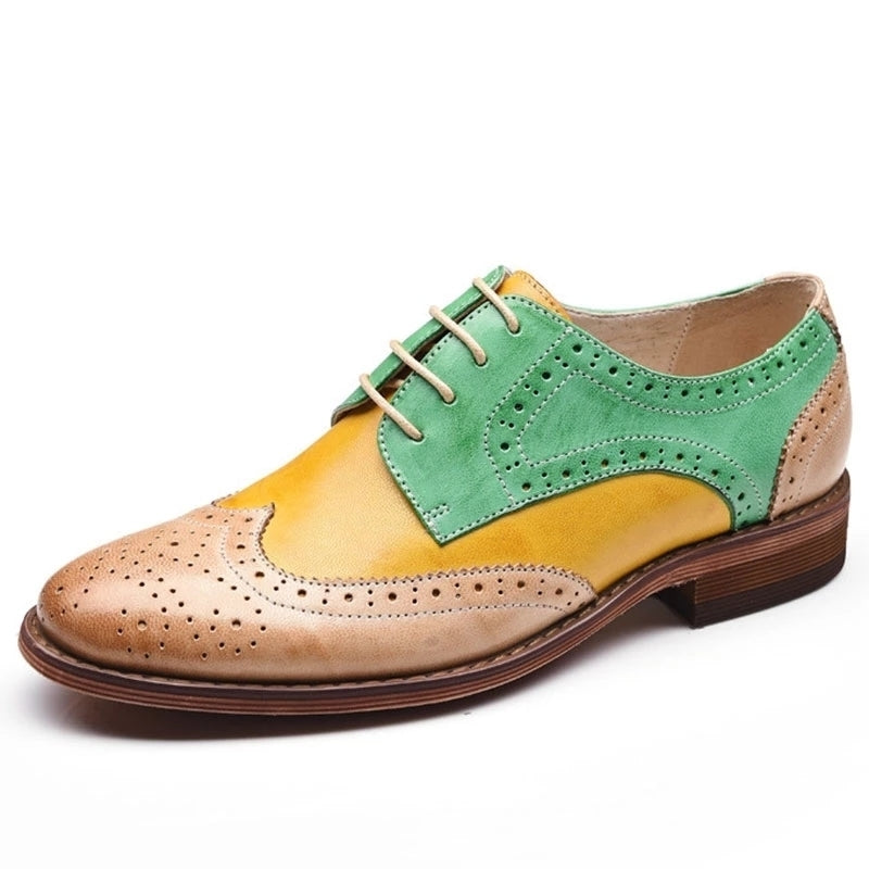 Color Block Lace-Up Hollow Wing Tips Point Toe Leather Fashion Loafers Image 1