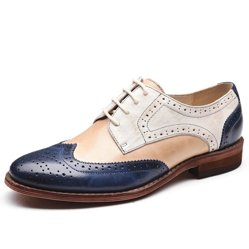 Color Block Lace-Up Hollow Wing Tips Point Toe Leather Fashion Loafers Image 2