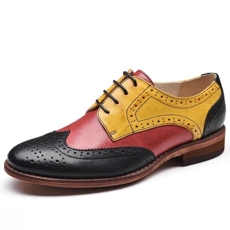 Color Block Lace-Up Hollow Wing Tips Point Toe Leather Fashion Loafers Image 1