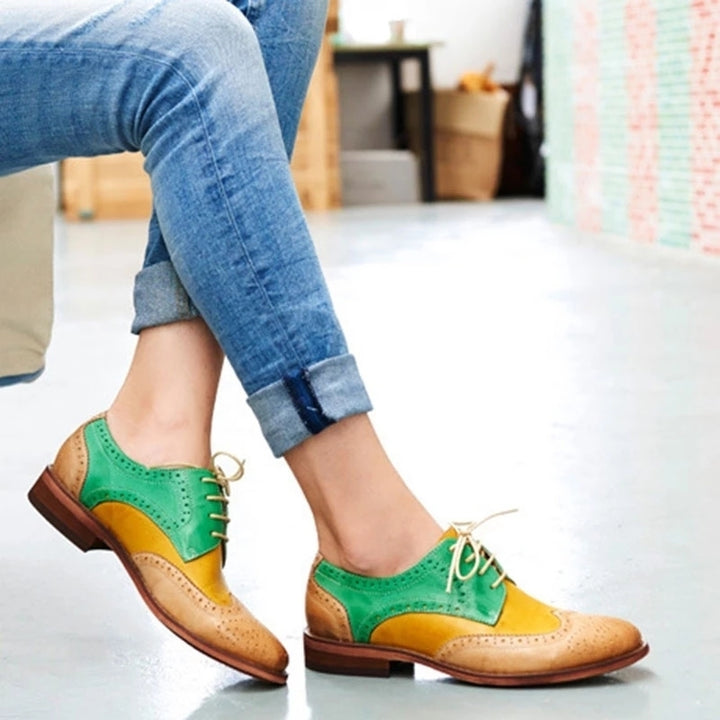 Color Block Lace-Up Hollow Wing Tips Point Toe Leather Fashion Loafers Image 4
