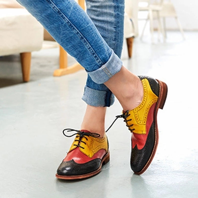 Color Block Lace-Up Hollow Wing Tips Point Toe Leather Fashion Loafers Image 7