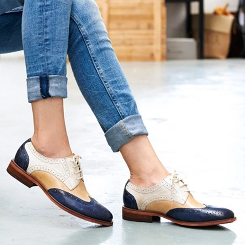 Color Block Lace-Up Hollow Wing Tips Point Toe Leather Fashion Loafers Image 6