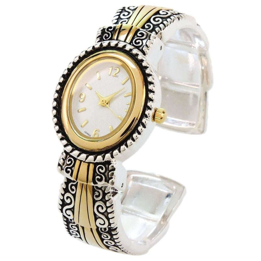 2Tone Metal Western Style Decorated Oval Face Womens Bangle Cuff Watch Image 1