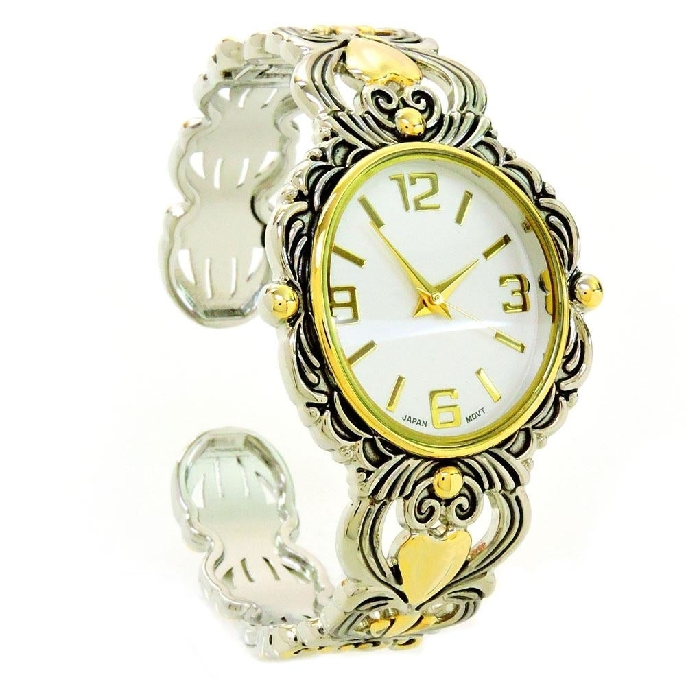 2Tone Metal Decorated Large Oval Face Womens Bangle Cuff Watch Image 2