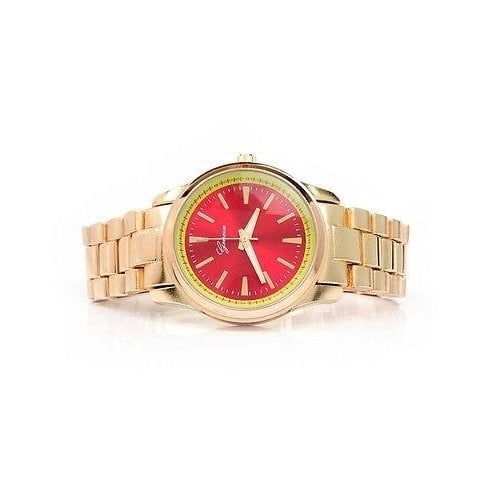 Gold Red Dial Boyfriend Style Geneva Womens Watch Image 2