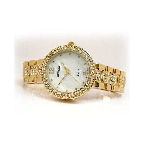 Gold Geneva Bold Case Rhinestones Bezel Bracelet Womens Quartz Watch Image 3