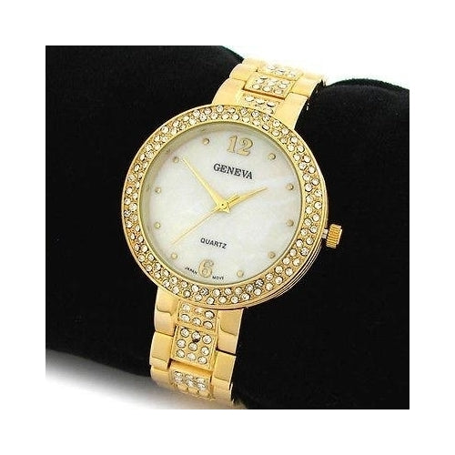 Gold Geneva Bold Case Rhinestones Bezel Bracelet Womens Quartz Watch Image 4