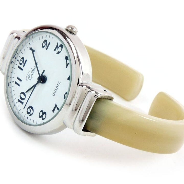Horn Silver Ivory Acrylic Band Silver Round Face Womens Bangle Cuff Watch Image 3