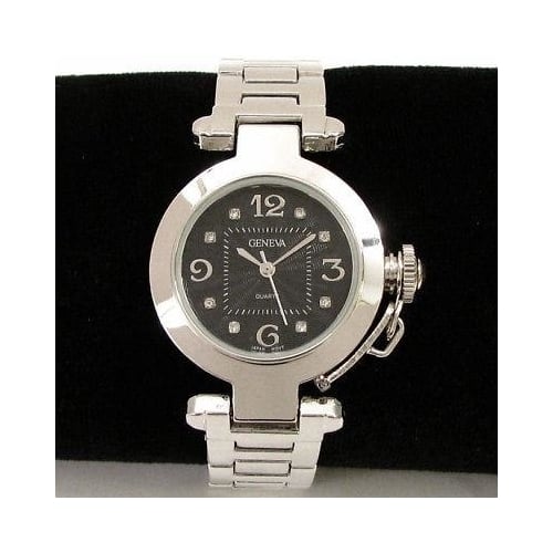 Silver Black Crystal Cabochon Crown Cover Geneva Bracelet Womens Watch Image 4