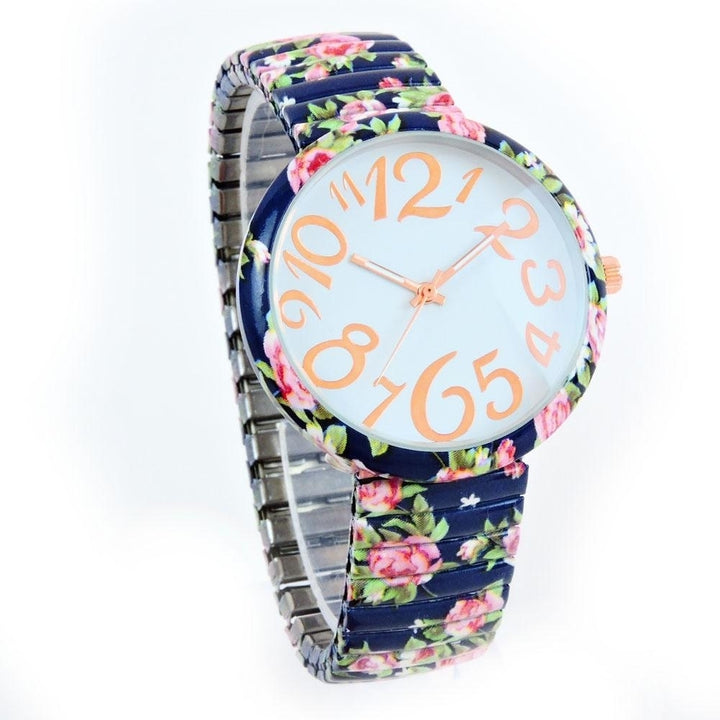 Navy Blue Roses Floral Print Large Face Easy to Read Stretch Band Extension Womens Watch Image 4