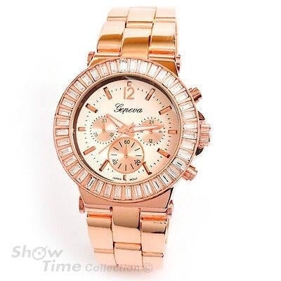 Rose Gold Geneva Crystal Bezel Mens Womens Boyfriend Style Watch Image 4