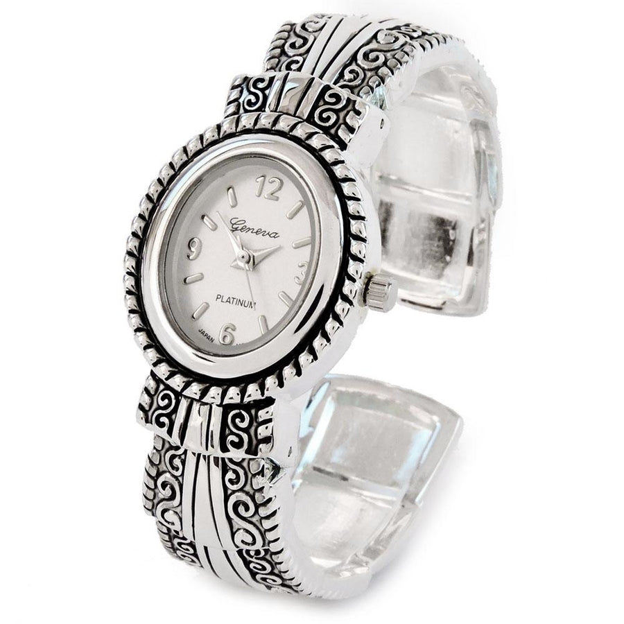 Silver Metal Western Style Decorated Oval Face Womens Bangle Cuff Watch Image 1