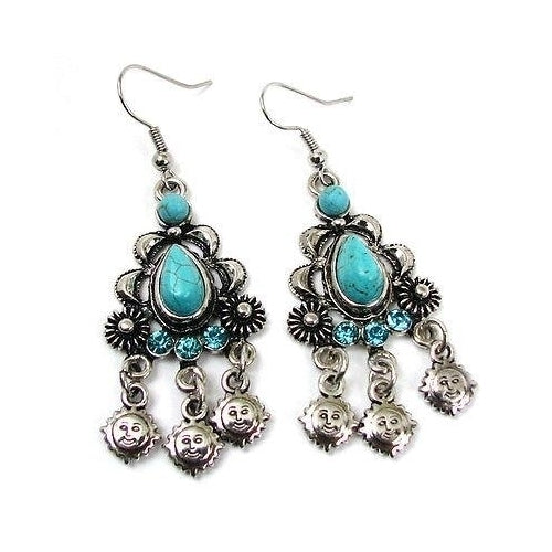 Turquoise Silver Black Vintage Style Chandelier Dangle Earrings Image 1