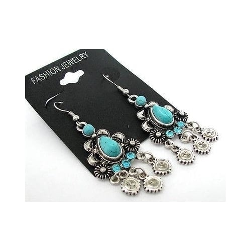 Turquoise Silver Black Vintage Style Chandelier Dangle Earrings Image 2