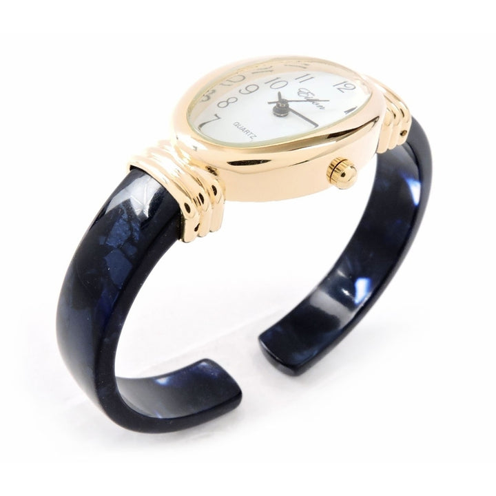 Tortoise Blue Acrylic Band with Gold Oval Case Womens Bangle Cuff WATCH Image 3