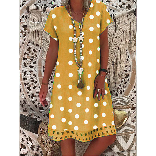 Women V-Neck Short Sleeve Hollow Polka Dot Summer Dress Image 2