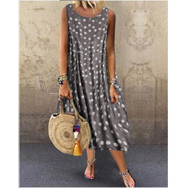 Round Neck Women Summer Dresses Printed Polka Dots Midi Dresses Image 3