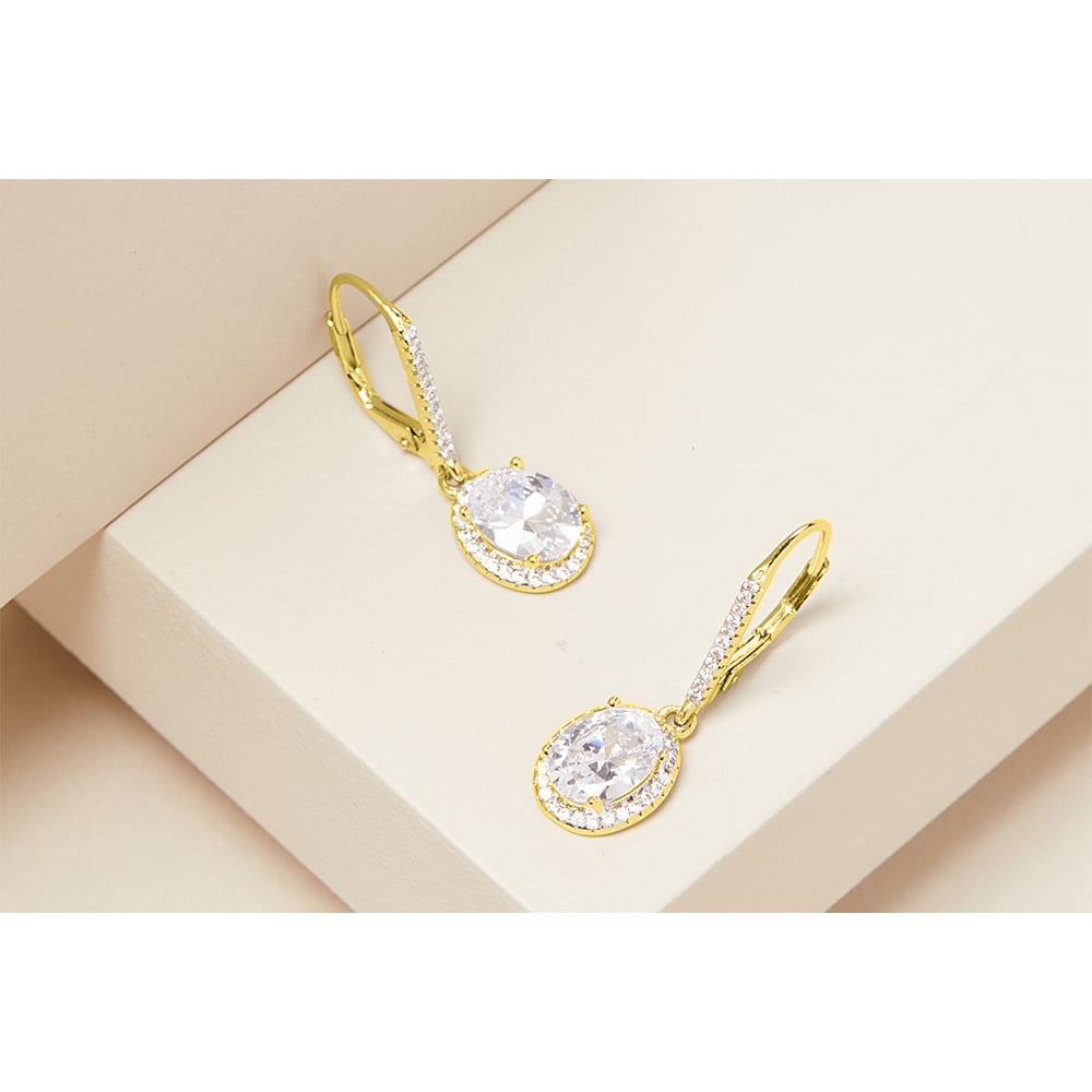 Swarovski Crystal 3.00 CTTW Oval Halo Drop Earrings 18k Gold Plated Options Image 3