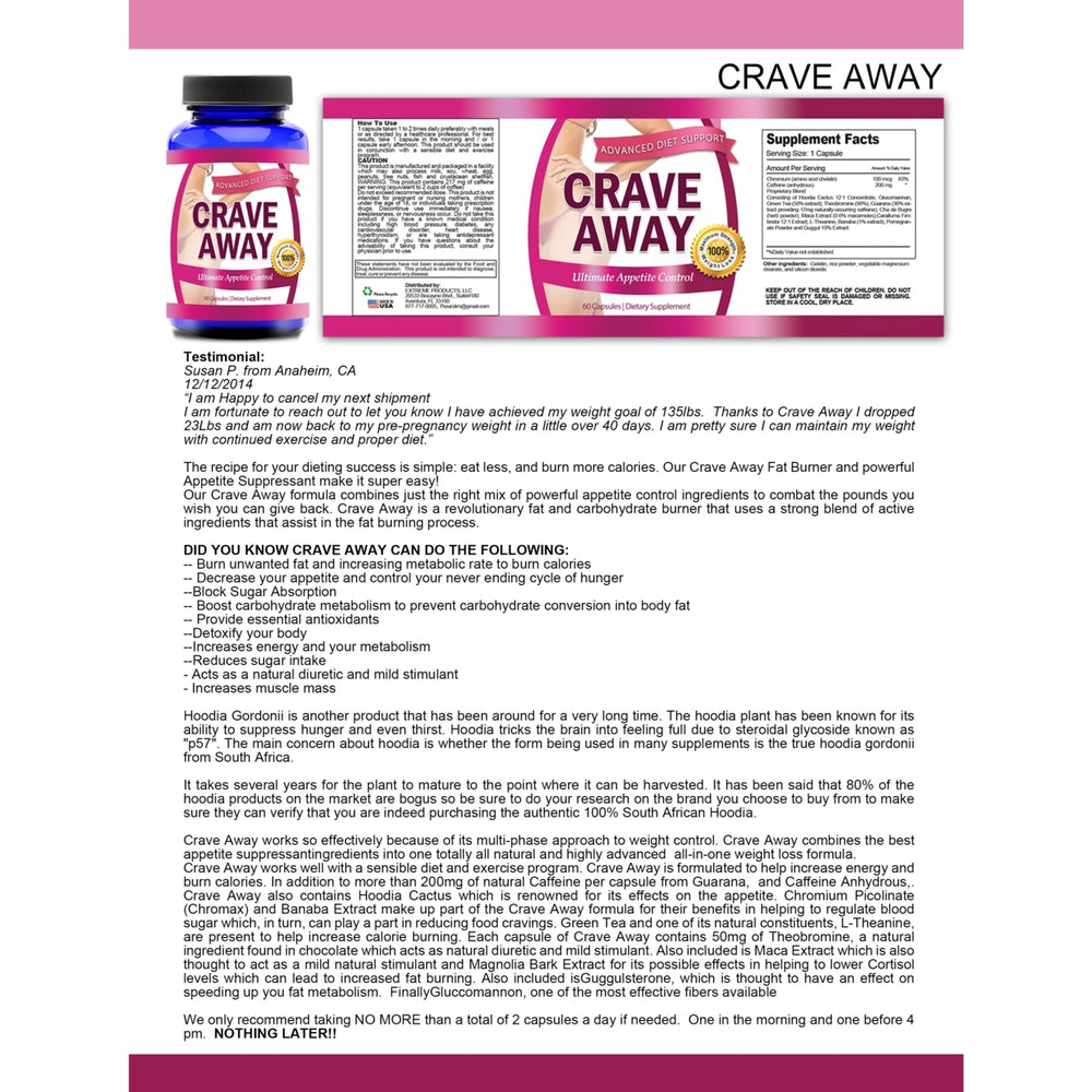 Crave Away Weight Control Dietary Supplement 60 Capsules Natural Hunger Suppressant Image 2