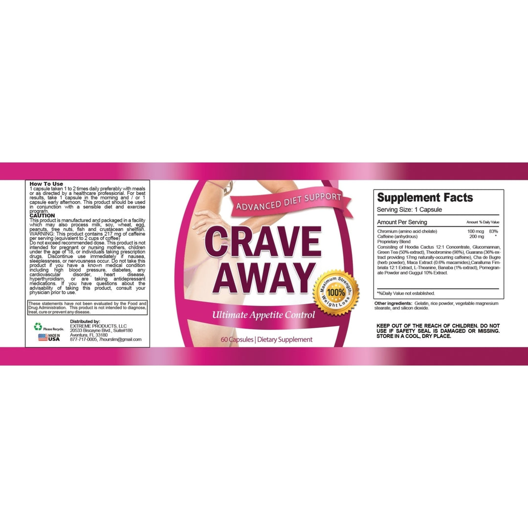 Crave Away Weight Control Dietary Supplement 60 Capsules Natural Hunger Suppressant Image 3