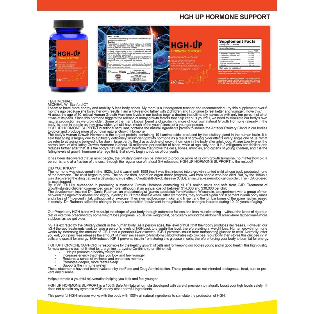 HGH UP Advanced Natural Hormone Helper L-Arginine Supplement 60 Capsules Image 2